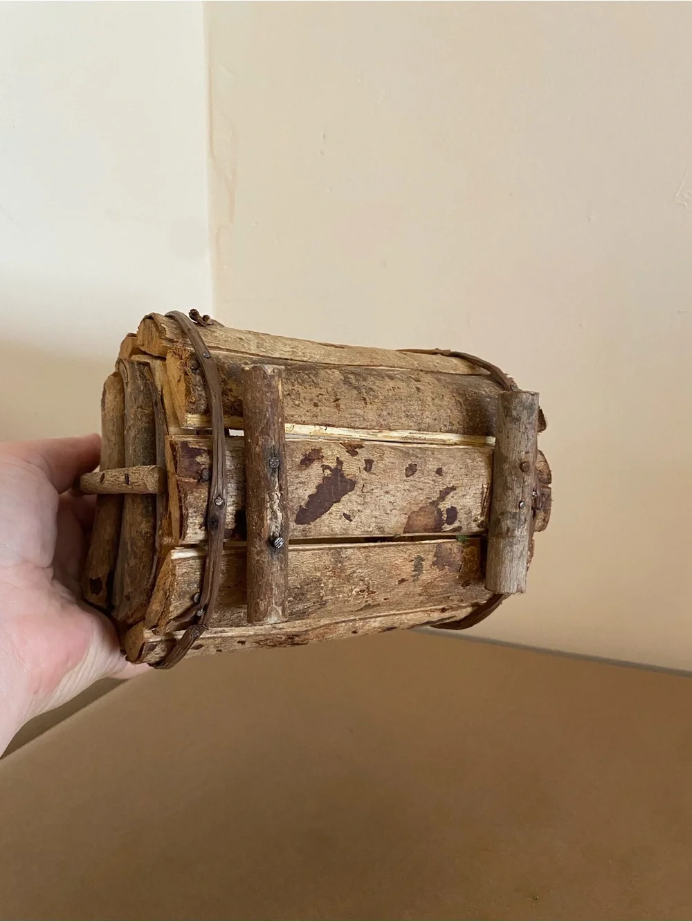 Rustic Natural Wood Handle Barrel Basket Brown with nails, vine wrapped decor